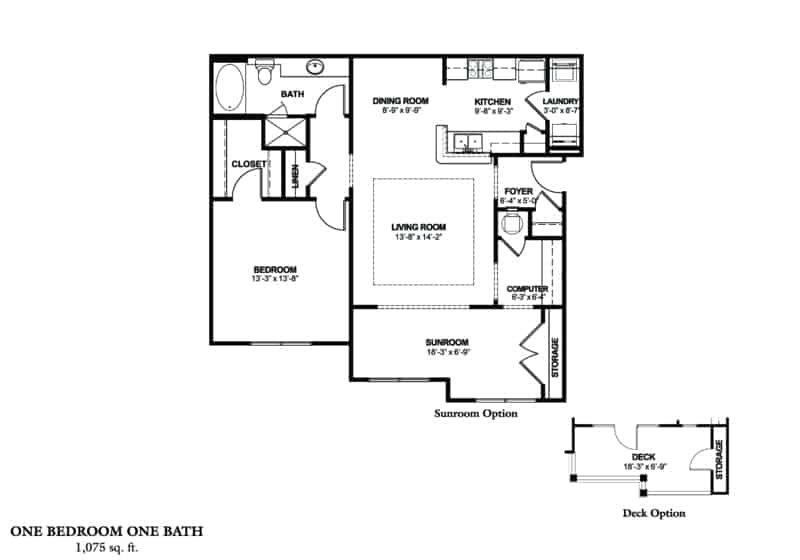 One Bedroom (A) - Phase II Approx. 906 sq. ft. with 169 sq. ft. Deck Rent From $895 Beds 1 Baths 1