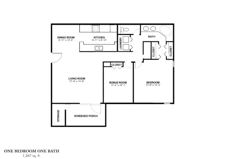 One Bedroom, One Bath with Bonus Room Approx. 1,267 sq. ft. Beds 1 Baths 1 in Greystone's Columbus GA Apartments