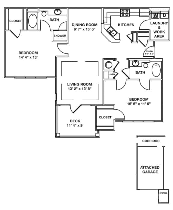 Greystone Properties Columbus, GA apartments The Rainier Approx. 1,263 sq. ft. with 106 sq. ft. Deck and 293 sq. ft. Attached Garage Beds 2 Baths 2