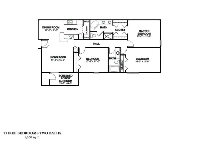 Three Bedroom - Phase I Approx. 1,560 sq. ft. Beds 3 Baths 2 in Greystone's Columbus GA Apartments