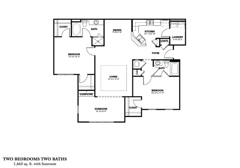 Greystone Properties Columbus, GA two bedroom with sunroom floor plan.